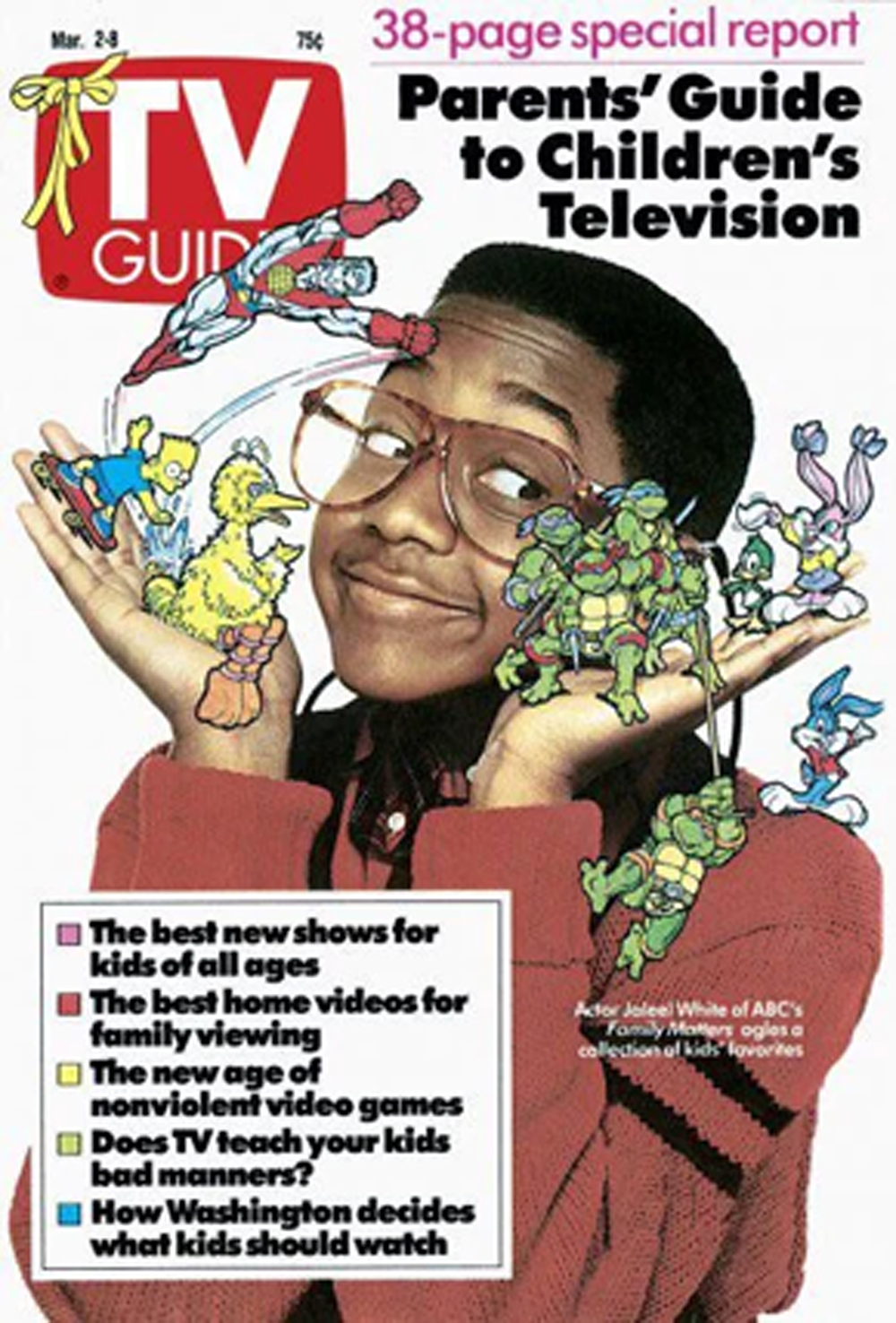 TV Guide cover featuring a smiling boy in glasses surrounded by cartoon characters. Headlines discuss a special report: Parents’ Guide to Children’s Television, new shows, family videos, video games, and kids’ media trends.
