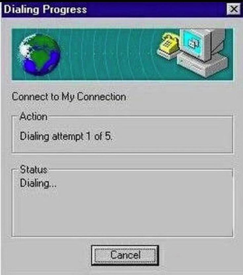 A Windows 95-style dialog box shows “Dialing Progress” with an icon of a globe, phone, and computer. It reads “Dialing attempt 1 of 5” and “Status: Dialing...” with a Cancel button at the bottom.