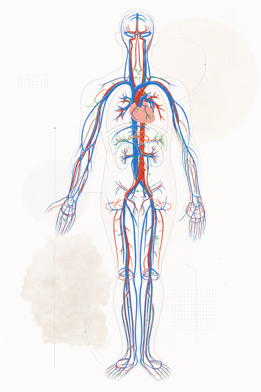 Diagram of the human circulatory system, showing red arteries and blue veins throughout the body, with the heart, lungs, kidneys, and major blood vessels visible.