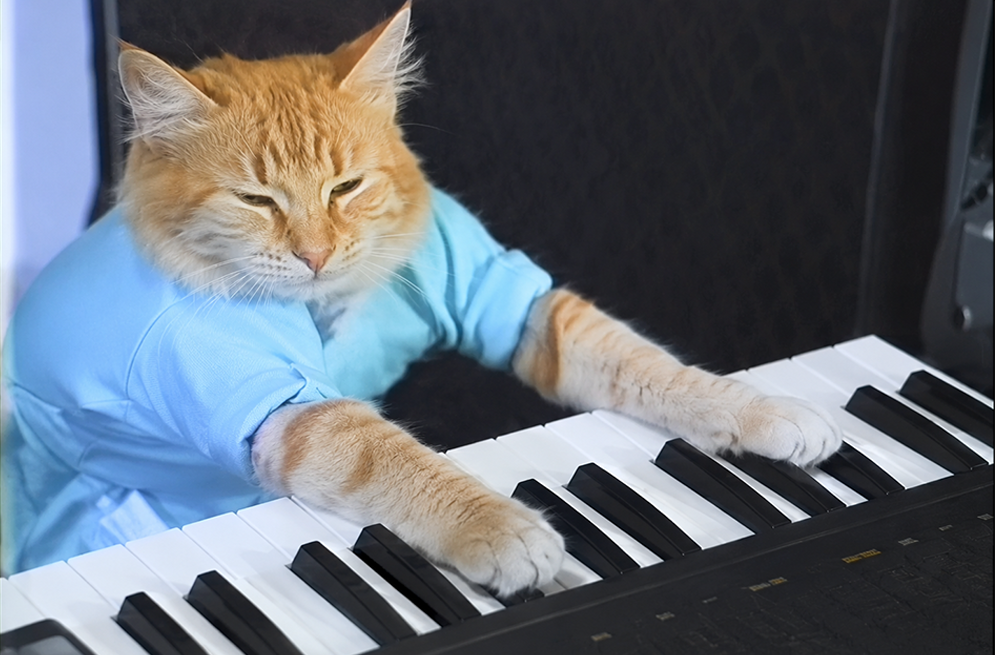 A fluffy orange cat wearing a blue shirt sits at a keyboard piano, appearing to play music with its front paws resting on the keys.