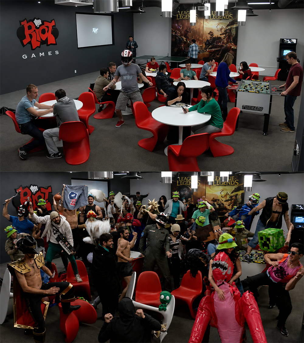 Two photos of a Riot Games office: the top shows people seated casually, while the bottom shows the same group in playful, elaborate costumes, mimicking chaos and action from the video game League of Legends.