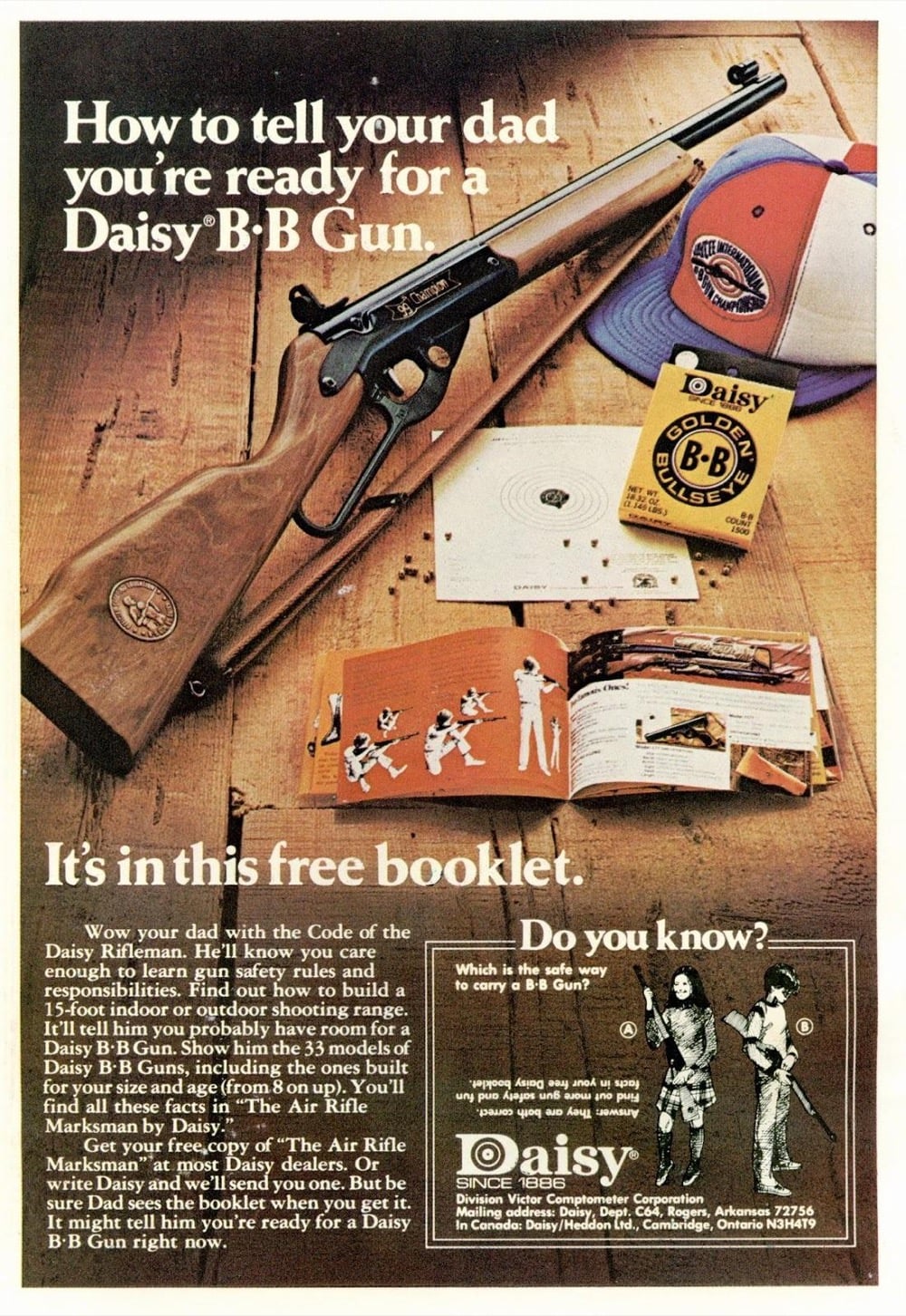 Vintage advertisement for Daisy B-B Gun featuring a rifle, BBs, a booklet, cap, and safety materials on a table, encouraging kids to prove to their dads they’re ready for a BB gun by reading a free safety booklet.