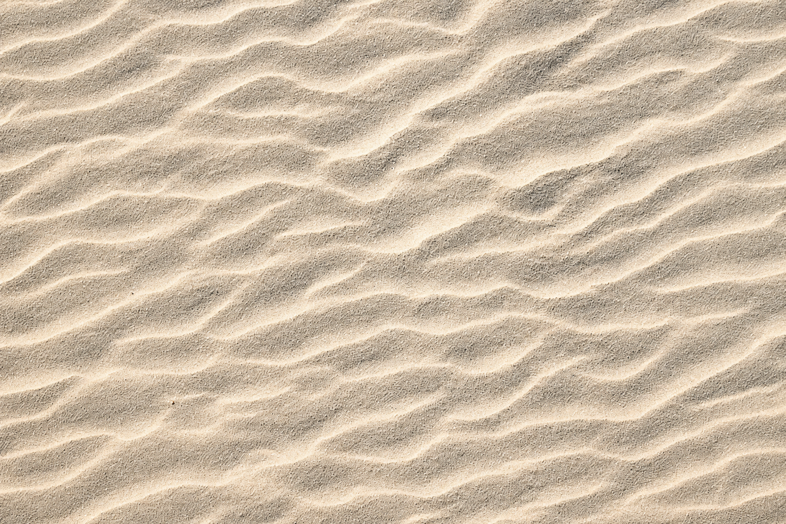 Close-up view of rippled sand patterns on a beach, showing wavy lines and textures caused by wind or water movement. The sand appears light beige and evenly lit.