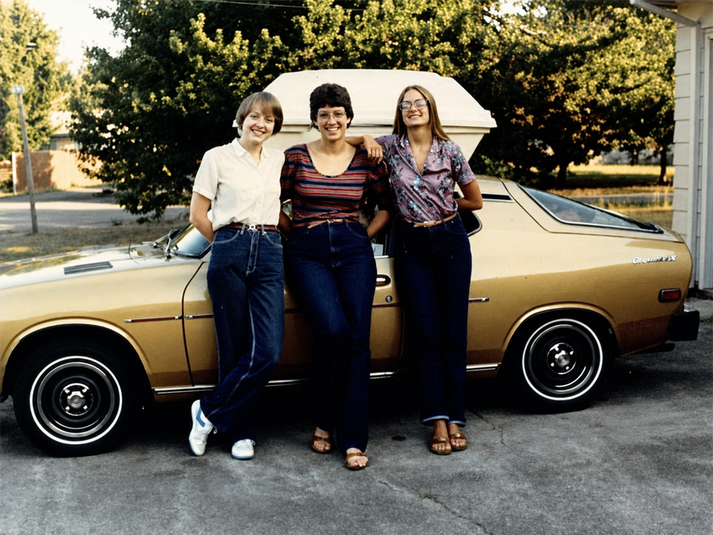 Three women stand smiling in front of a gold car parked in a driveway, with green trees in the background. They wear casual clothes from the 1970s and lean against the car together.
