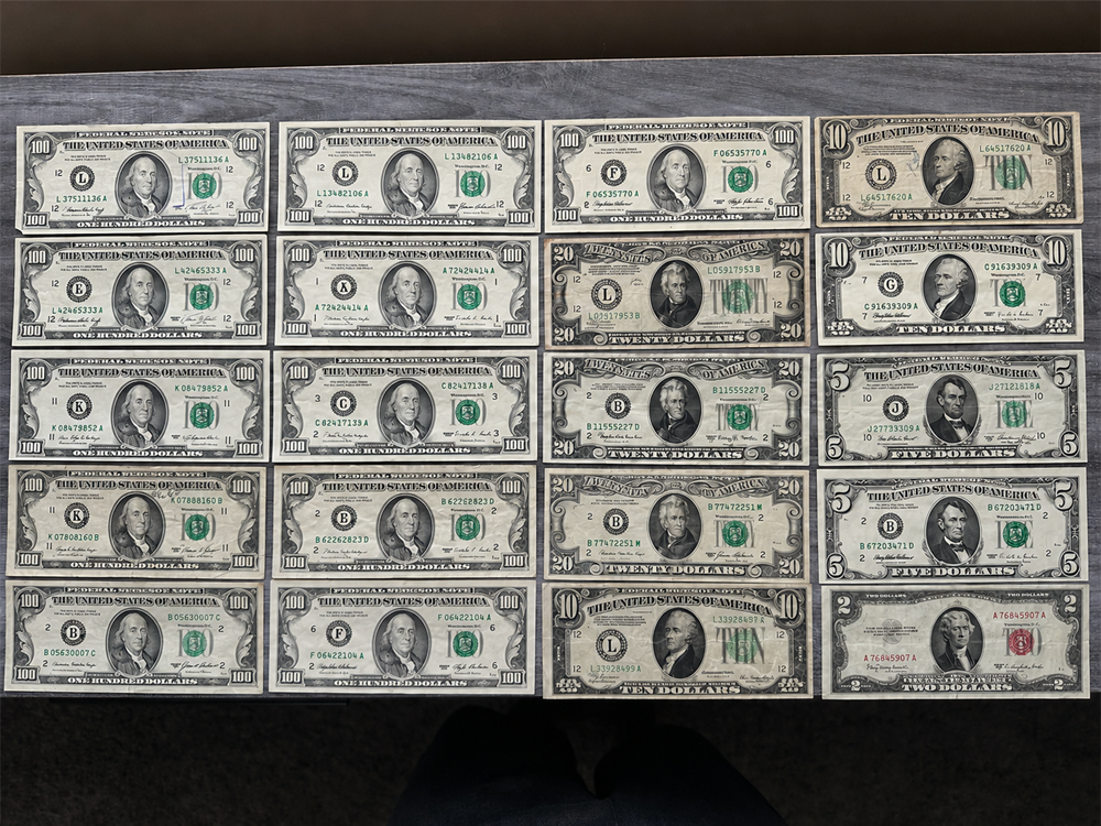 Twenty U.S. banknotes of different denominations, including $1, $2, $5, $10, $20, $50, and $100, are neatly arranged in four rows on a gray wooden surface.