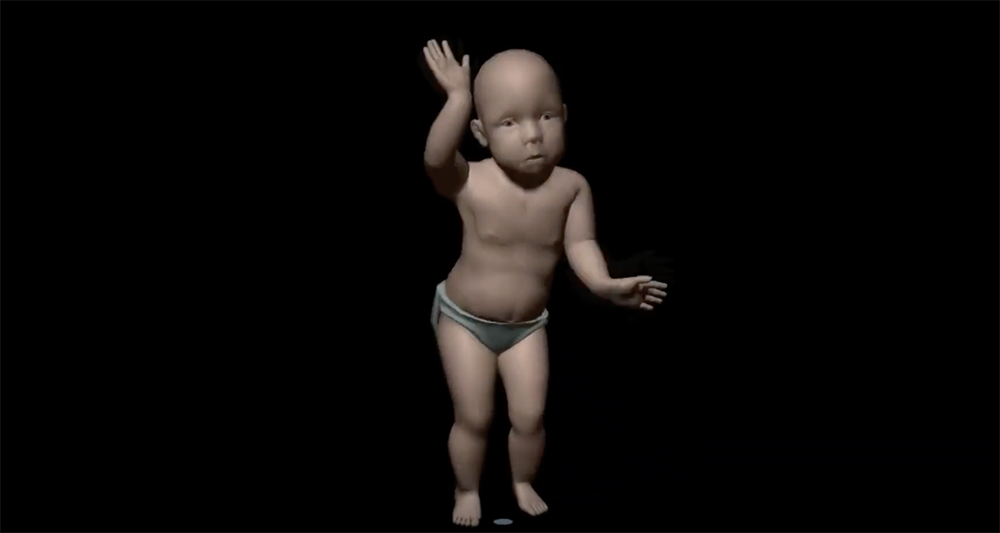 A 3D animated baby wearing only a diaper stands against a black background, raising one hand and appearing to dance.