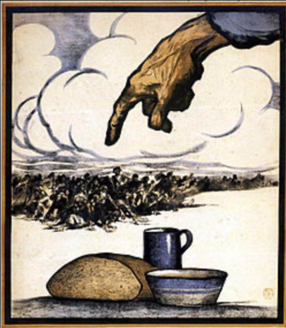 A large hand points toward a distant crowd. In the foreground, bread, a bowl, and a cup are placed on a flat surface. Swirling clouds fill the sky above the scene.