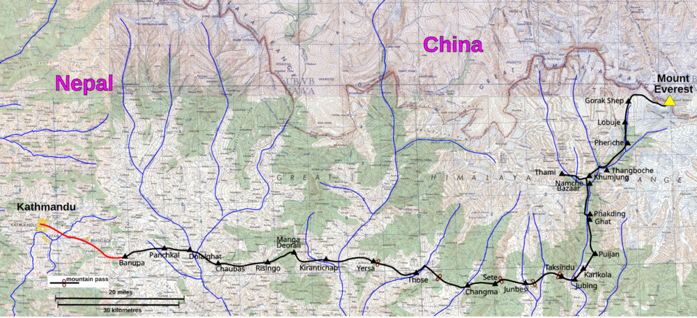 Map showing a route from Kathmandu, Nepal to Mount Everest, passing towns and mountain passes. Nepal and China are labeled, and rivers and topography are visible. The path runs eastward toward the Everest summit.