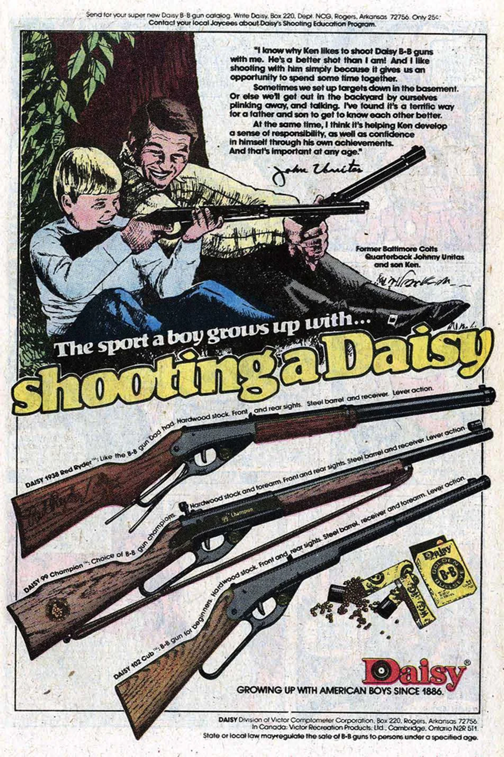 A vintage ad shows a smiling man and boy aiming Daisy BB guns. Several Daisy BB gun models, BBs, CO2 cartridges, and Daisy logo are displayed, with the slogan “The sport a boy grows up with... shooting a Daisy.”