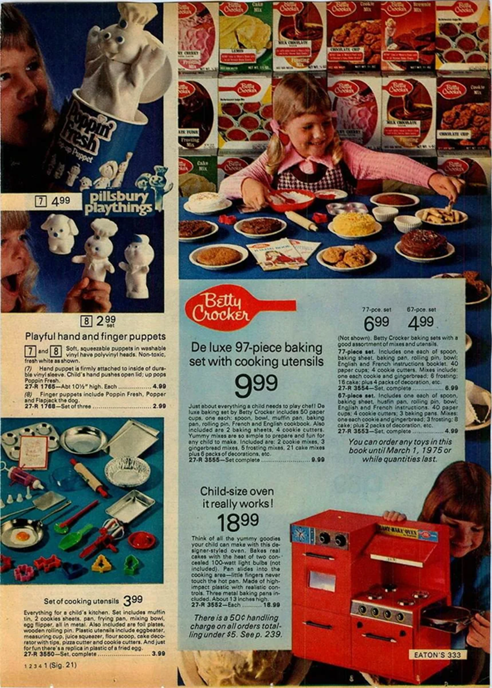 A vintage catalog page showing baking playsets, a red toy oven, hand puppets, and a girl smiling while playing with toy food items at a table. Prices and product descriptions are listed throughout.