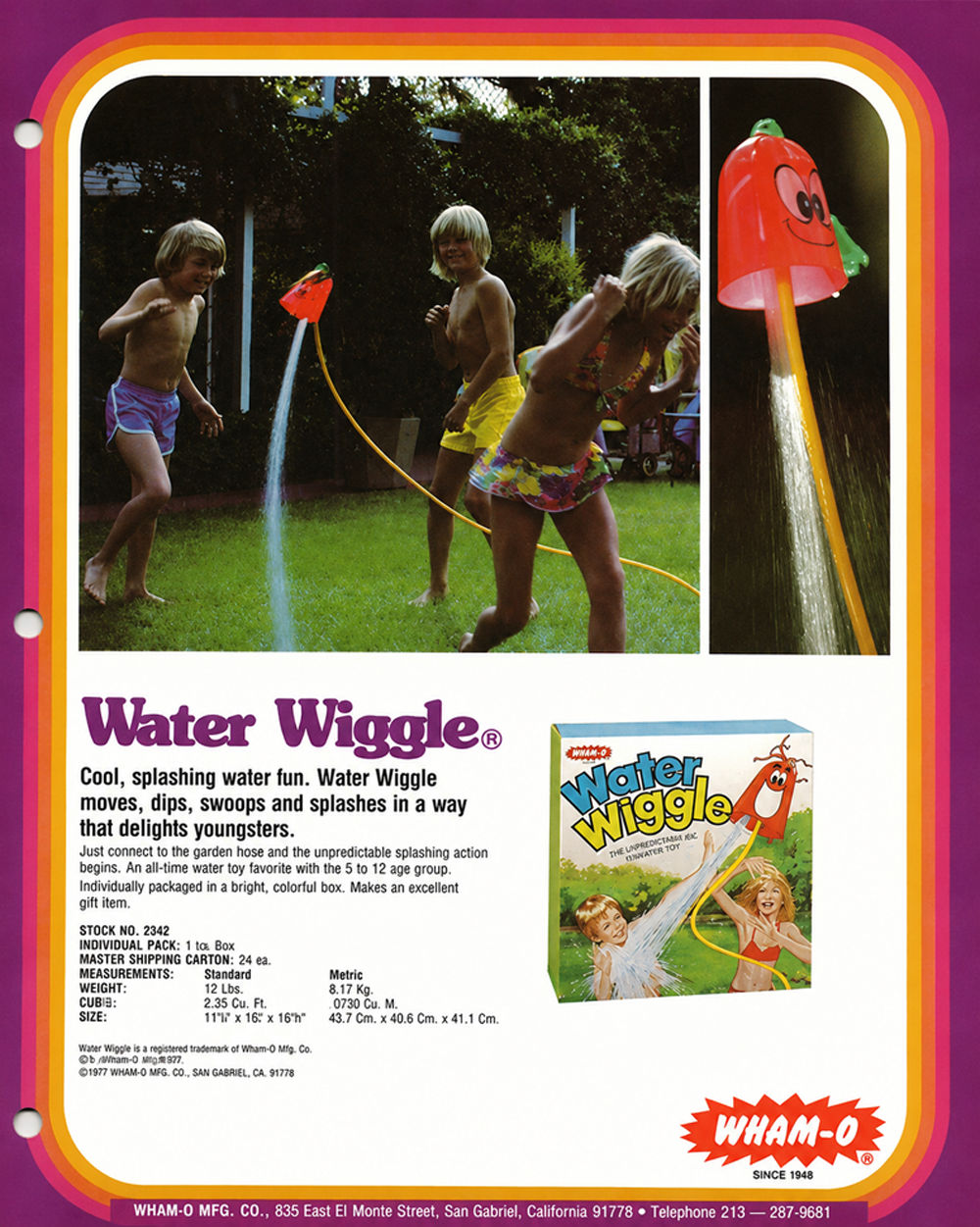 Three children in swimsuits play outside with the Water Wiggle toy spraying water. Inset images show a close-up of the toy spraying, its packaging, and the WHAM-O logo at the bottom right.
