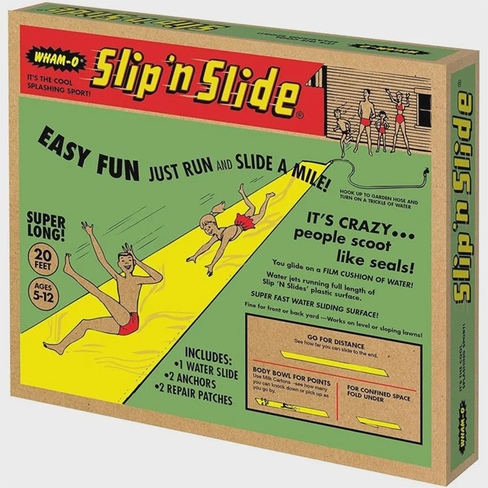 Vintage Slip ’n Slide box showing two kids sliding on a yellow water slide, with text advertising “Easy Fun” and product details. Illustrations and instructions are also visible on the packaging.