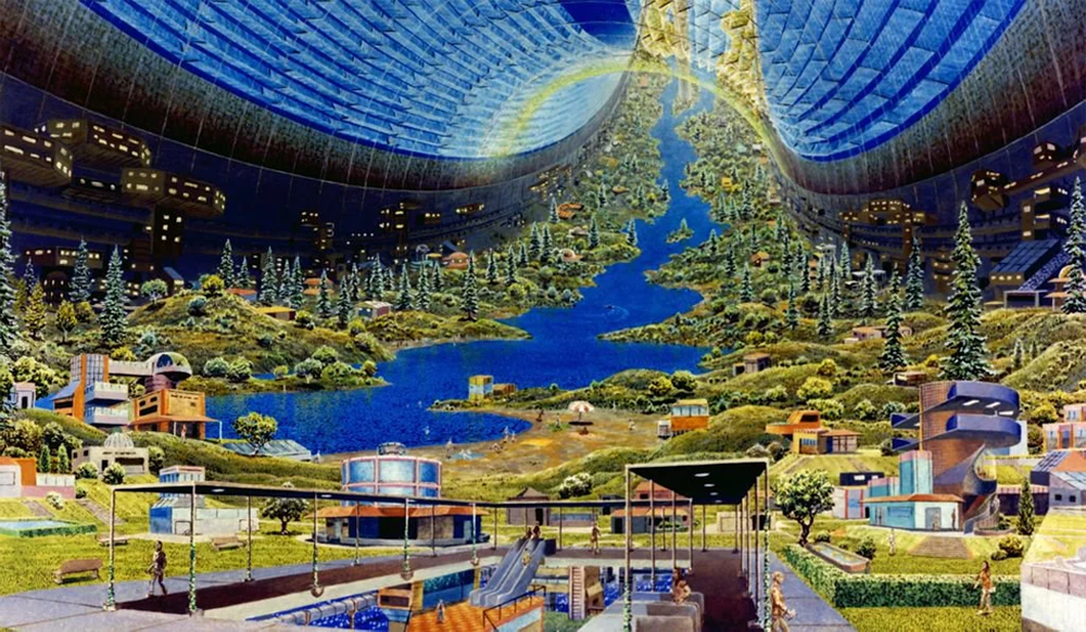 A futuristic space habitat with a river, trees, and houses under a large curved glass dome, creating an artificial landscape inside a cylindrical structure with sunlight filtering in.