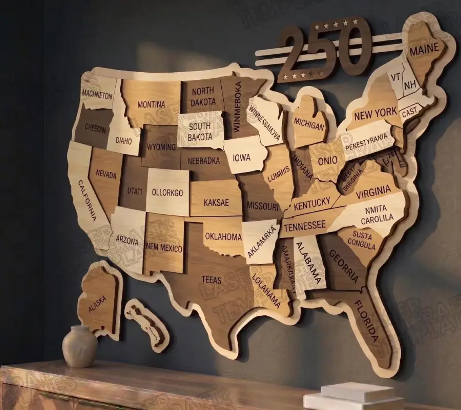 A wooden map of the United States with each state labeled. Above the map is the number “250” with stars. The map is mounted on a wall above a wooden shelf.