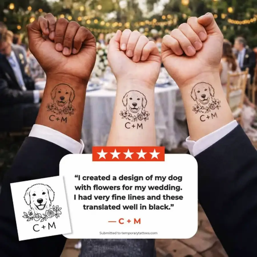 Three arms with matching tattoos of a dog, flowers, and “C + M” are raised together at a wedding. A quote describes the tattoo’s design meaning and inspiration.