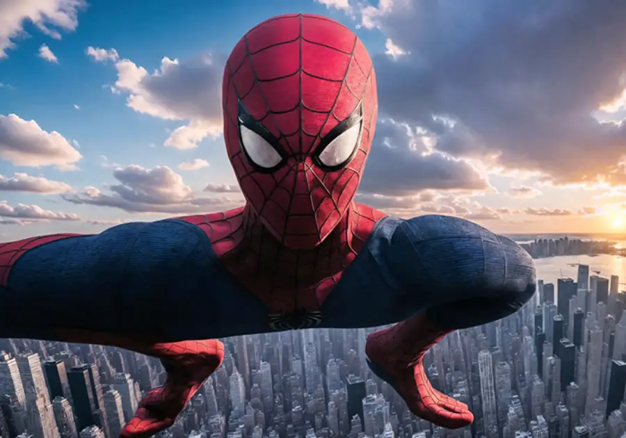 Spider-Man in his red and blue suit crouches above a city skyline at sunset, with clouds and tall buildings in the background.