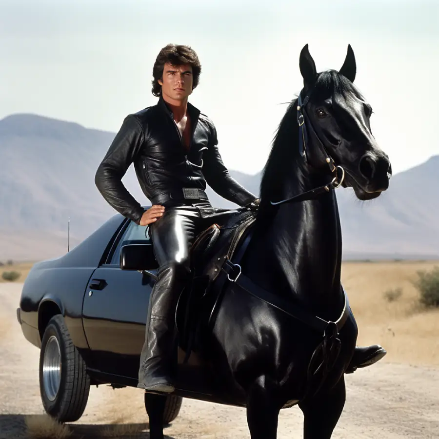 A man in black leather clothing sits confidently on a black horse beside a black car on a desert road, with mountains in the background.