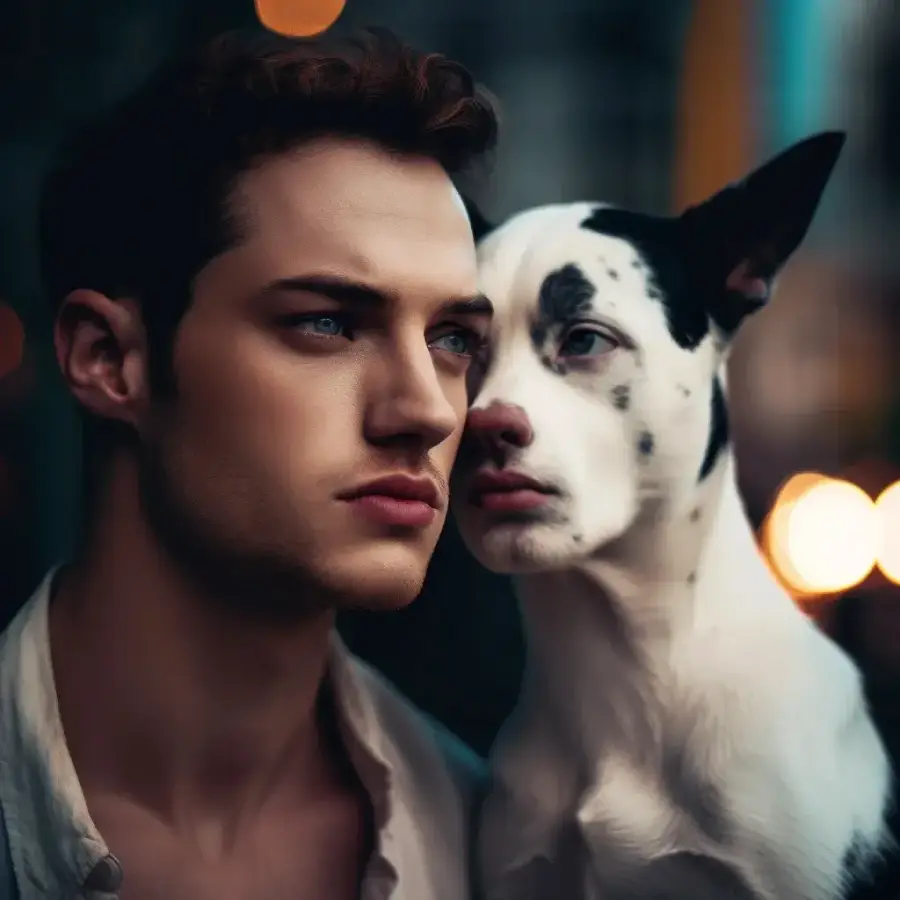 A young man with brown hair and a serious expression stands close to a black-and-white dog. The dog’s face is next to his, both gazing in the same direction. The background is softly blurred with warm lights.