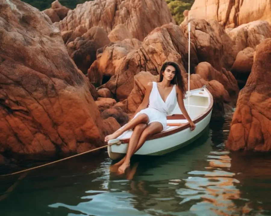 A woman in a white dress sits on the edge of a small boat, surrounded by large orange-brown rocks and calm green water, with her feet touching the water.