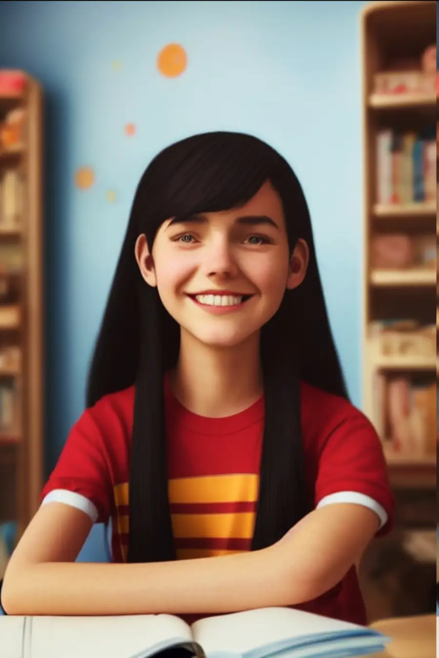 A smiling girl with long dark hair and a red striped shirt sits at a desk with an open book. Shelves filled with books are in the background.