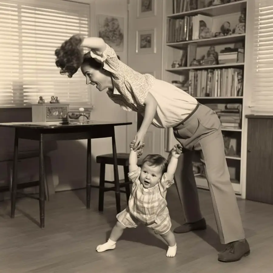 A woman holds a baby by the hands, helping the baby walk across a living room. The woman is smiling and leaning forward, while the baby looks surprised or unsure. Bookshelves and a table are in the background.