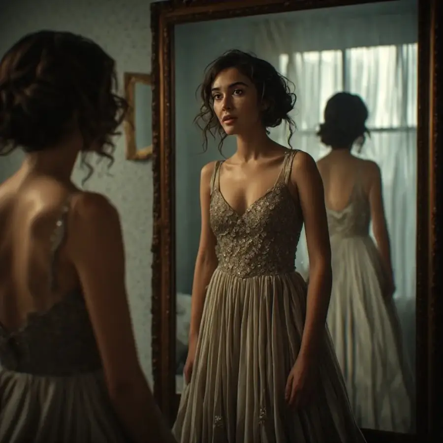 A woman in a long, elegant dress stands in front of a mirror, gazing at her reflection in a softly lit, vintage-style room.
