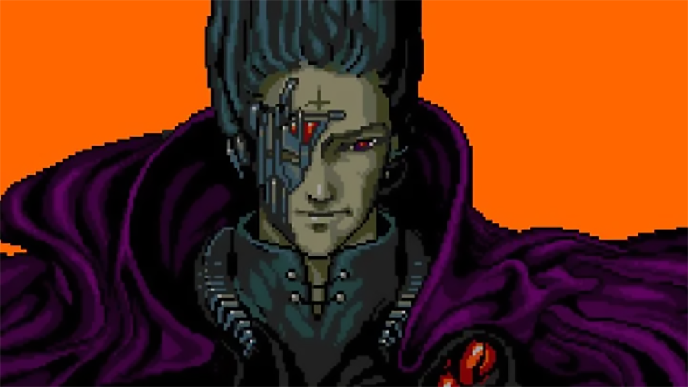A pixel art character with gray skin, a robotic eye, dark hair, and a purple cloak stands against an orange background, looking forward with a serious expression.