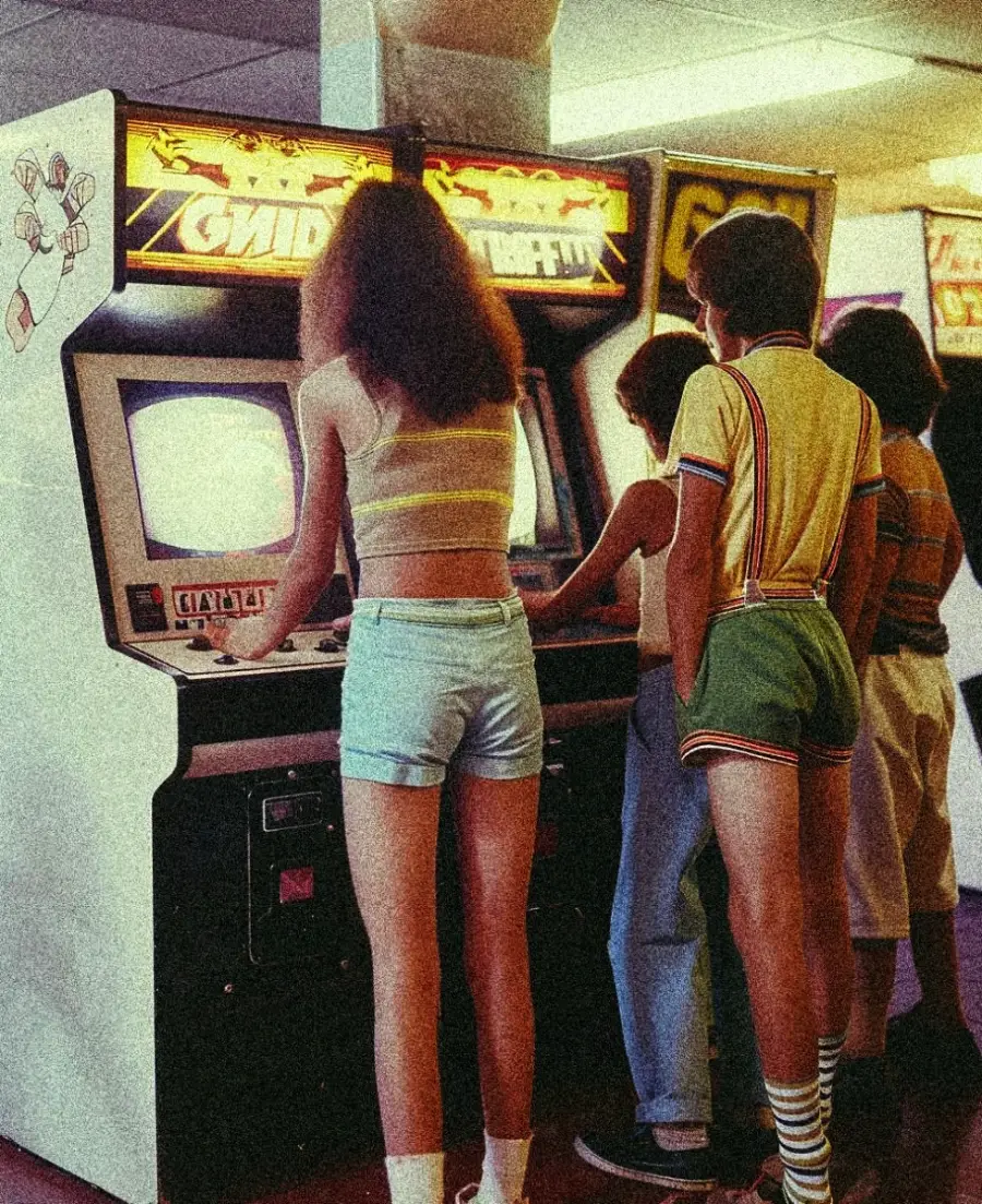 Four teens in retro clothing stand at vintage arcade machines, playing games. The scene has a nostalgic, 1980s vibe, with bright lights and classic arcade cabinets, creating a lively, youthful atmosphere.