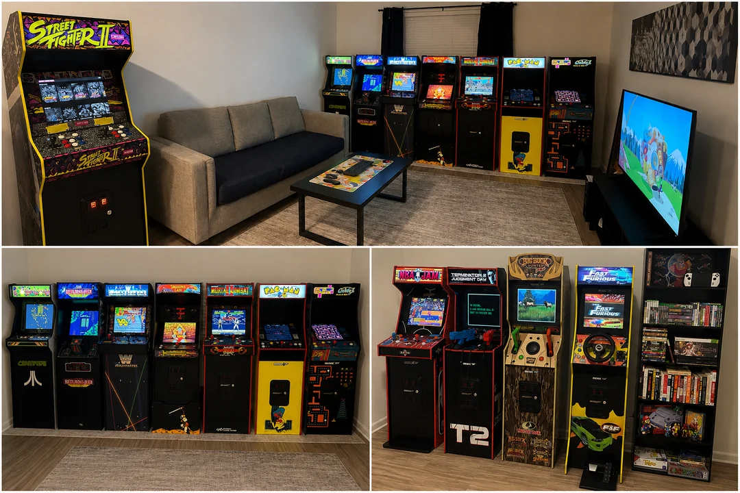A room with a couch, coffee table, and multiple classic arcade game machines lined up against the wall, plus a TV displaying a retro video game.