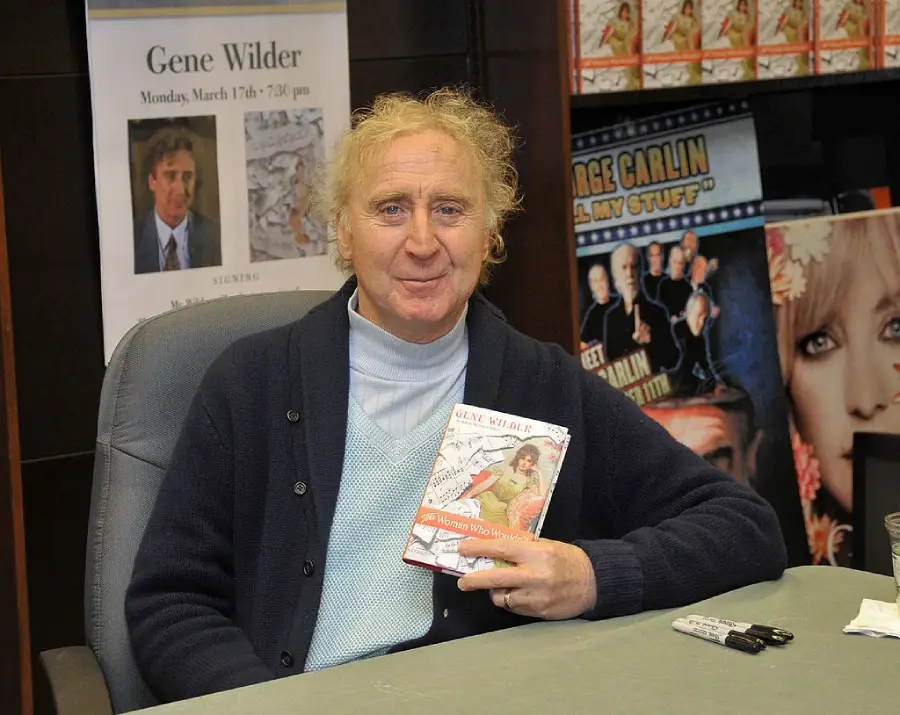 Gene Wilder sits at a table holding his book, “What Is This Thing Called Love?” Posters and sharpie markers are on the table, and posters of Gene Wilder and George Carlin are visible in the background.