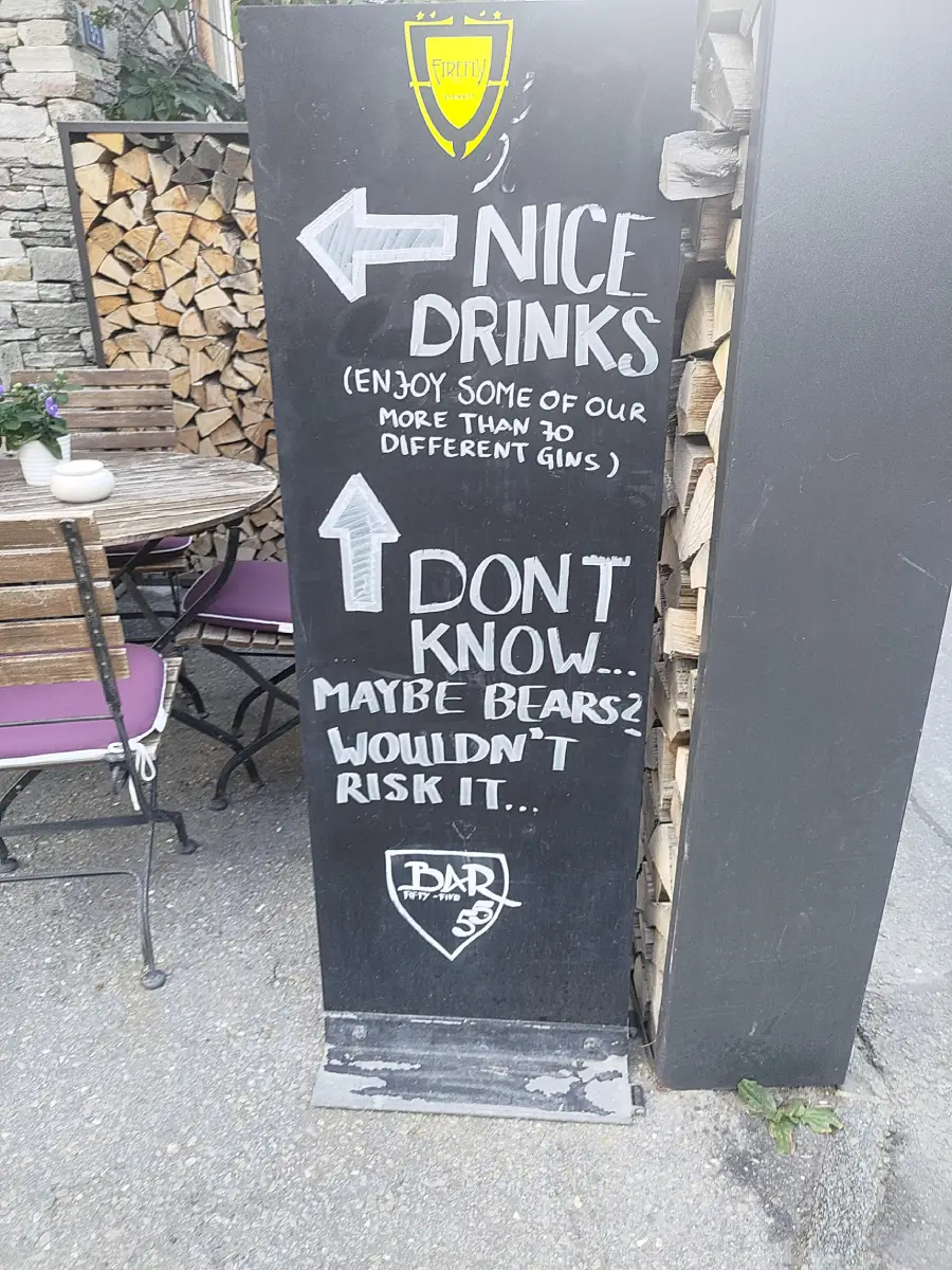 A black chalkboard sign with arrows reads: Left—“Nice drinks (Enjoy some of our more than 70 different gins)”. Right—“Don’t know... Maybe bears? Wouldn’t risk it.” A patio table and stacked firewood are visible nearby.
