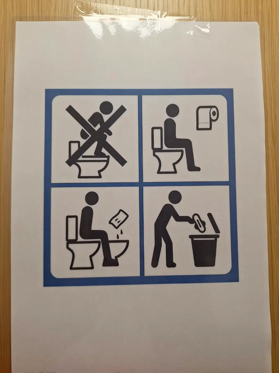 A sign with four icons: no squatting on toilet, sit on toilet, throw toilet paper in toilet, and dispose of other items in a bin.