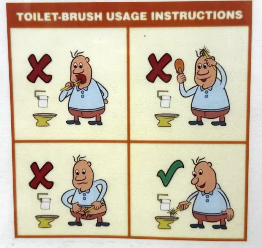 A cartoon shows incorrect uses of a toilet brush: brushing teeth, brushing hair, and cleaning buttocks, with red Xs. The correct use, scrubbing a toilet, is marked with a green checkmark.
