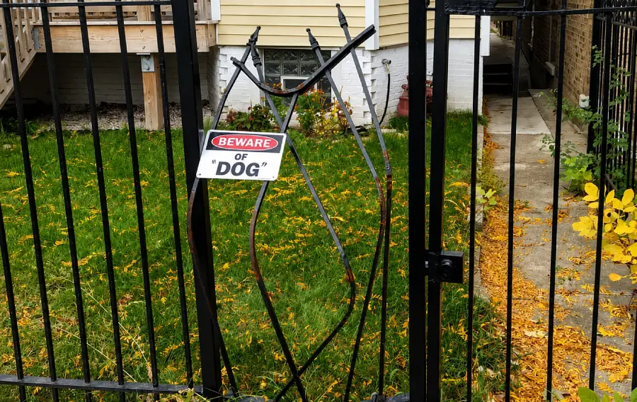 A bent metal gate with a “Beware of Dog” sign stands open, leading to a grassy yard with scattered yellow leaves. The gate appears to have been forcefully pushed inward.
