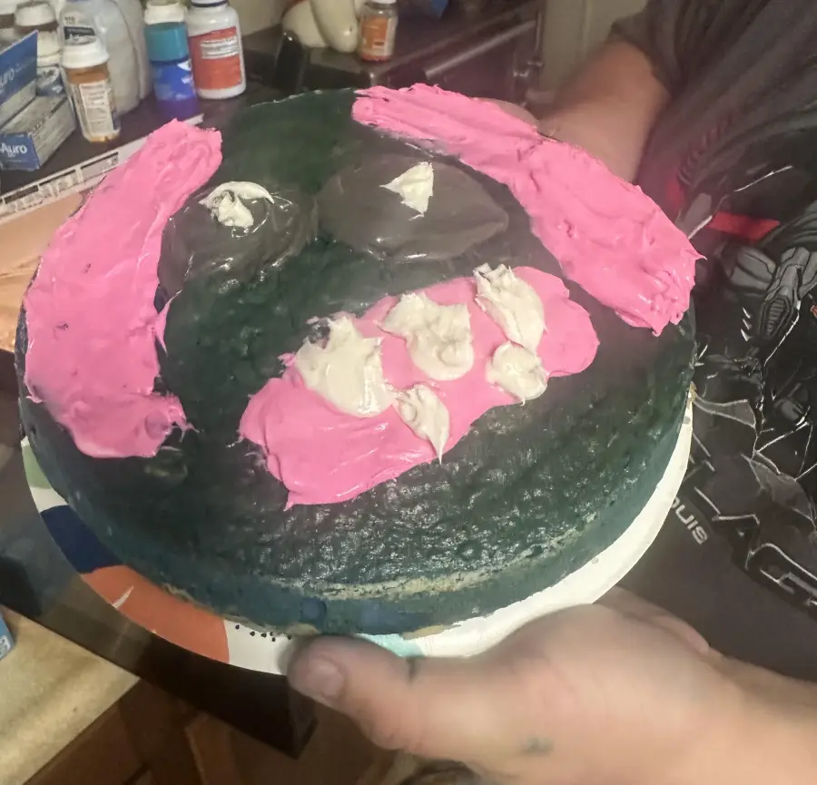 A person holds a round cake decorated with smears of pink, white, and black frosting, resembling an abstract or cartoonish face. Various kitchen items are visible in the background.