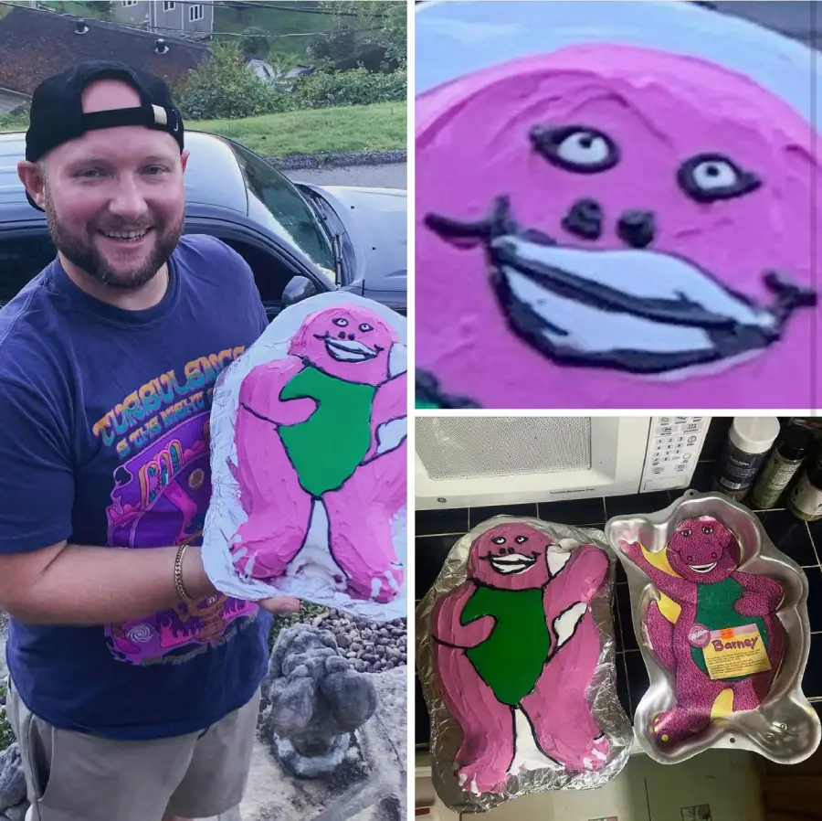 A man holding a homemade pink Barney cake. Next to it, a close-up shows the cake’s face. Another photo shows two Barney cake pans, one with cake inside, the other with Barney on packaging.
