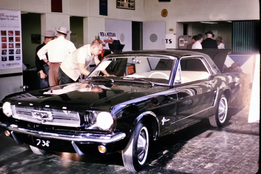 A man inspects a shiny black 1960s Ford Mustang in a showroom, while several people stand and talk in the background.
