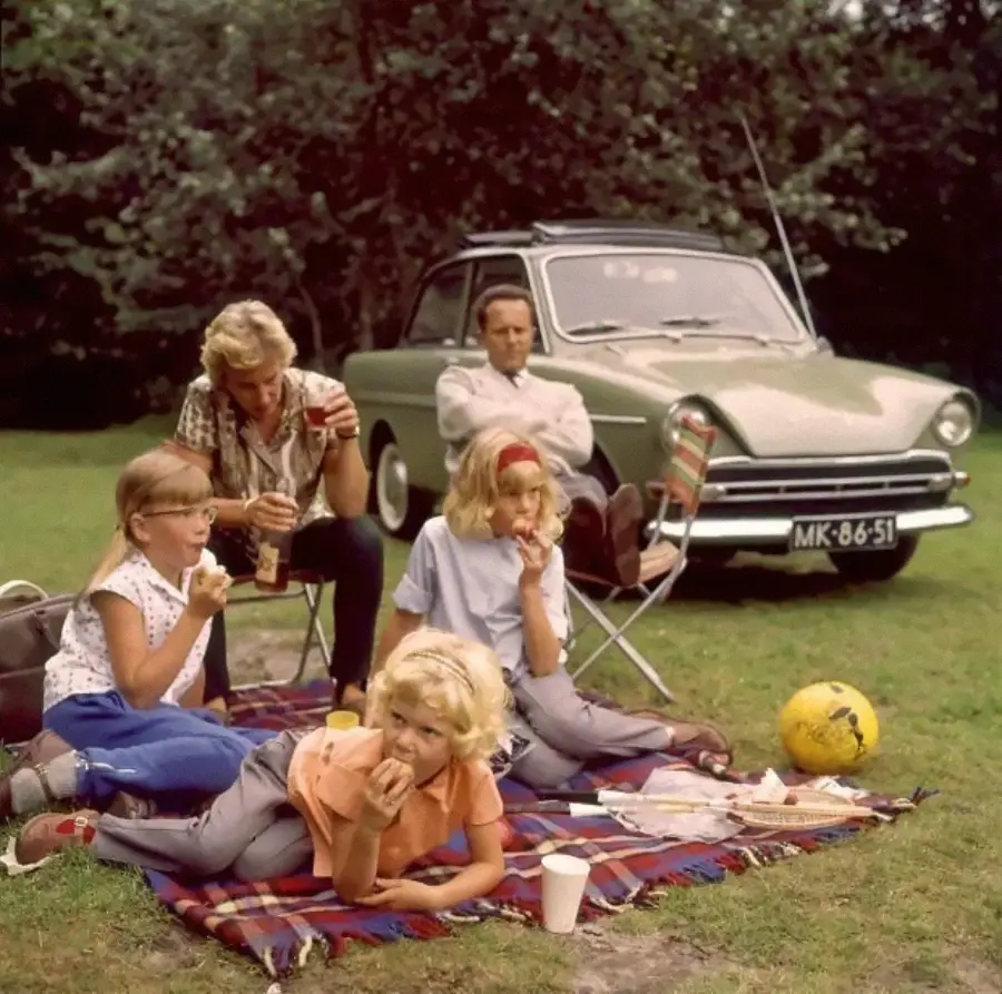 A family enjoys a picnic on a blanket near a vintage car in a grassy area. The adults sit in chairs while three children eat snacks. A yellow ball and picnic items are on the ground. Trees are in the background.