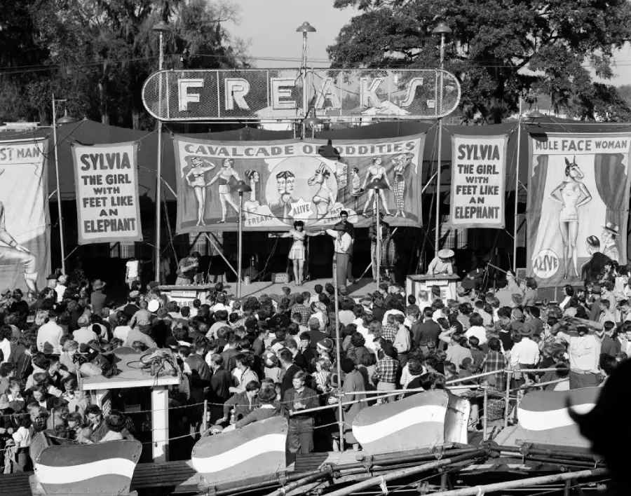 Black-and-white photo of a crowded carnival sideshow, with banners reading “Freaks” and “Cavalcade of Oddities.” People gather in front of stage with performers and illustrated posters of sideshow acts.