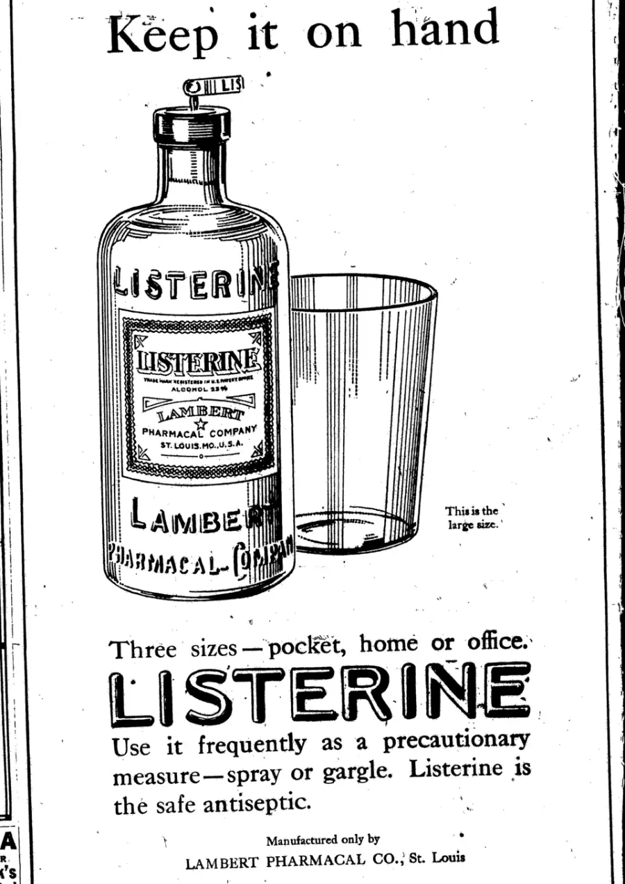 Black and white vintage ad showing a Listerine bottle next to a tumbler glass. Text promotes using Listerine as an antiseptic in three sizes for pocket, home, or office.