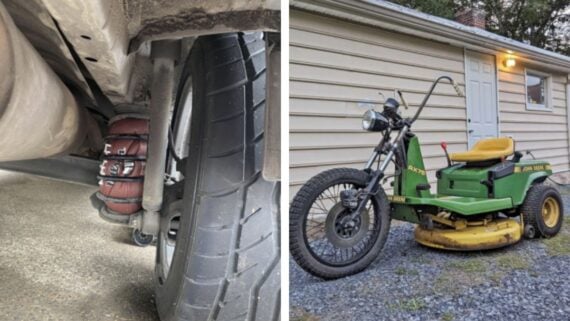 Left: A close-up of a car with footballs used as suspension springs. Right: A homemade motorcycle built from a John Deere lawnmower, parked outside a house.