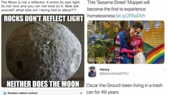 A side-by-side meme: left, a rock labeled “ROCKS DON’T REFLECT LIGHT, NEITHER DOES THE MOON”; right, a tweet about a Sesame Street Muppet experiencing homelessness, with a reply about Oscar the Grouch living in a trash can.