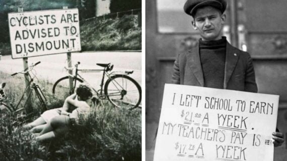 Split image: left, two people sit on grass kissing by bicycles and a “Cyclists are advised to dismount” sign; right, a young man holds a sign comparing his pay to his former teacher’s salary.