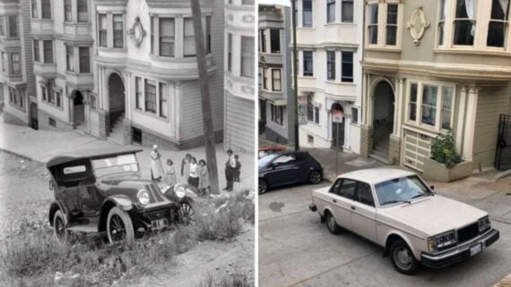 Split image: Left shows a vintage car and people on a sloped street in front of old buildings. Right shows a modern car parked in a similar spot with updated cars and buildings in the background.
