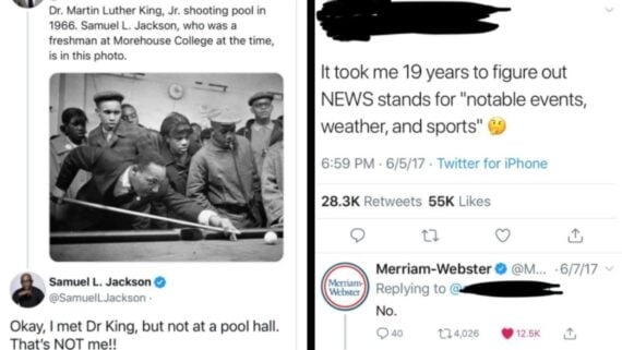 Black and white photo shows Martin Luther King Jr. playing pool, surrounded by onlookers. Beside it, tweets humorously discuss the meaning of “news,” with Merriam-Webster correcting a misconception.