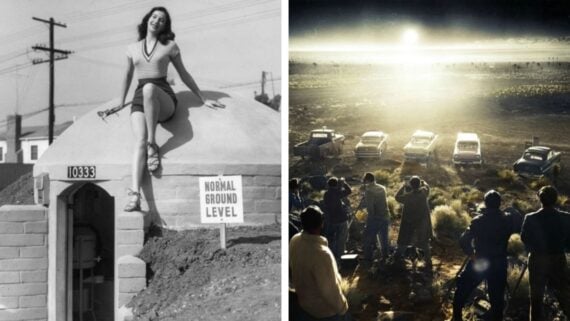 Left: A smiling woman sits on top of a brick bomb shelter labeled “Normal Ground Level.” Right: People and old cars watch a bright nuclear explosion on the horizon in a desert scene.