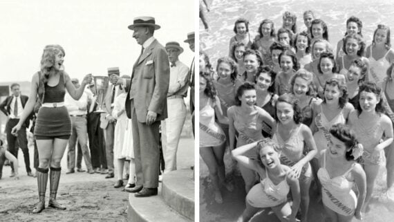 Split image: Left, a woman in a vintage swimsuit talks to a group of men in suits on a beach. Right, a group of women in swimsuits and sashes smile while standing in shallow ocean water.