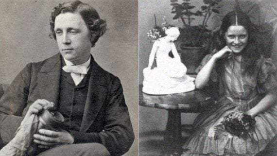 A sepia-toned photo split in two: on the left, a man in Victorian attire looks down thoughtfully; on the right, a young girl in a dress smiles while sitting at a small table with a flower arrangement.