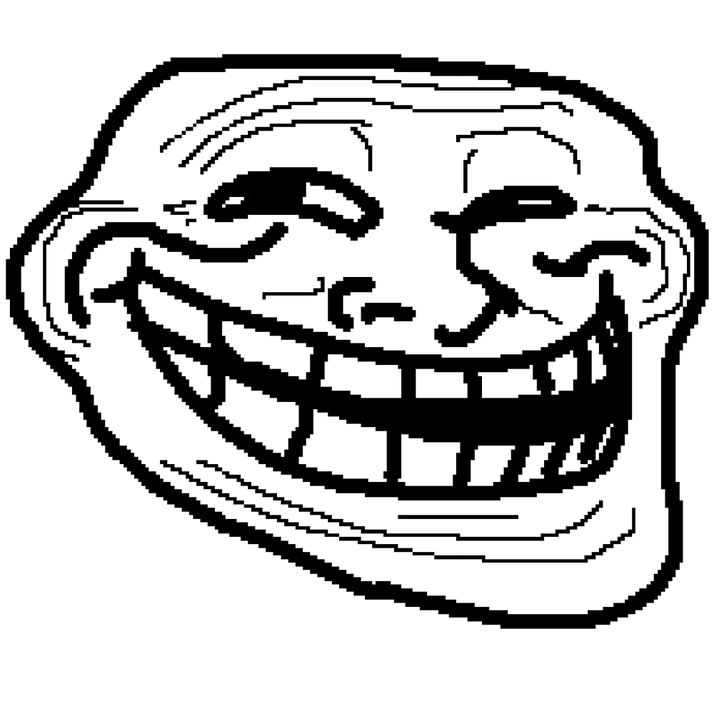 Black and white drawing of a large, exaggerated face grinning mischievously with squinted eyes and arched eyebrows, commonly known as the “troll face” meme.