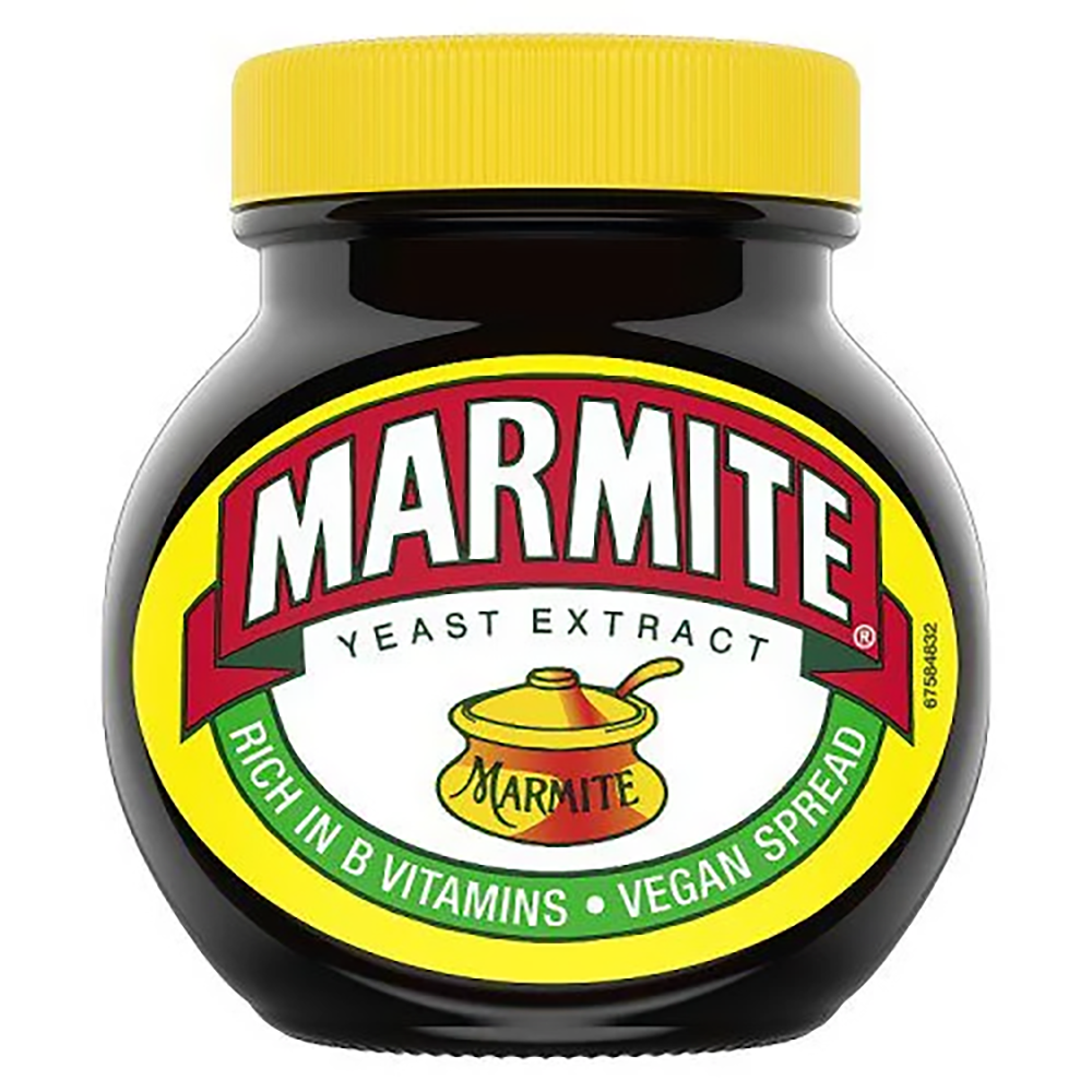 A jar of Marmite yeast extract with a yellow lid, labeled as rich in B vitamins and vegan spread. The label features a yellow pot and green and red accent colors.